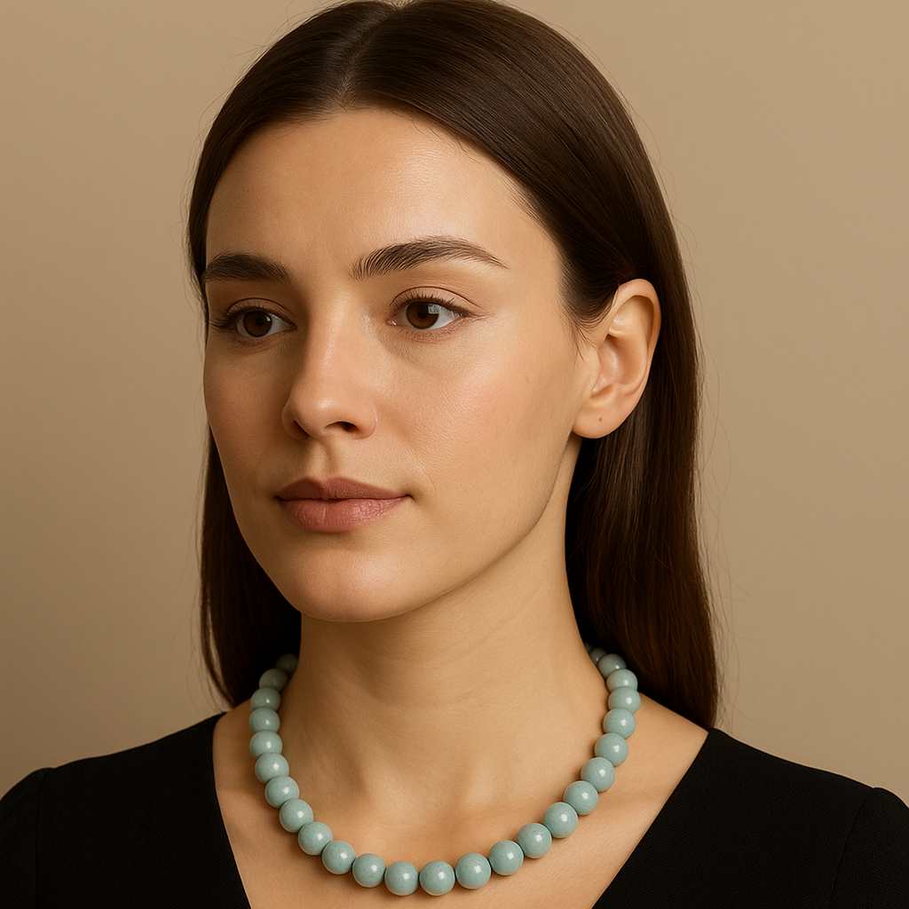 Woman wearing a turquoise beaded necklace against a beige background