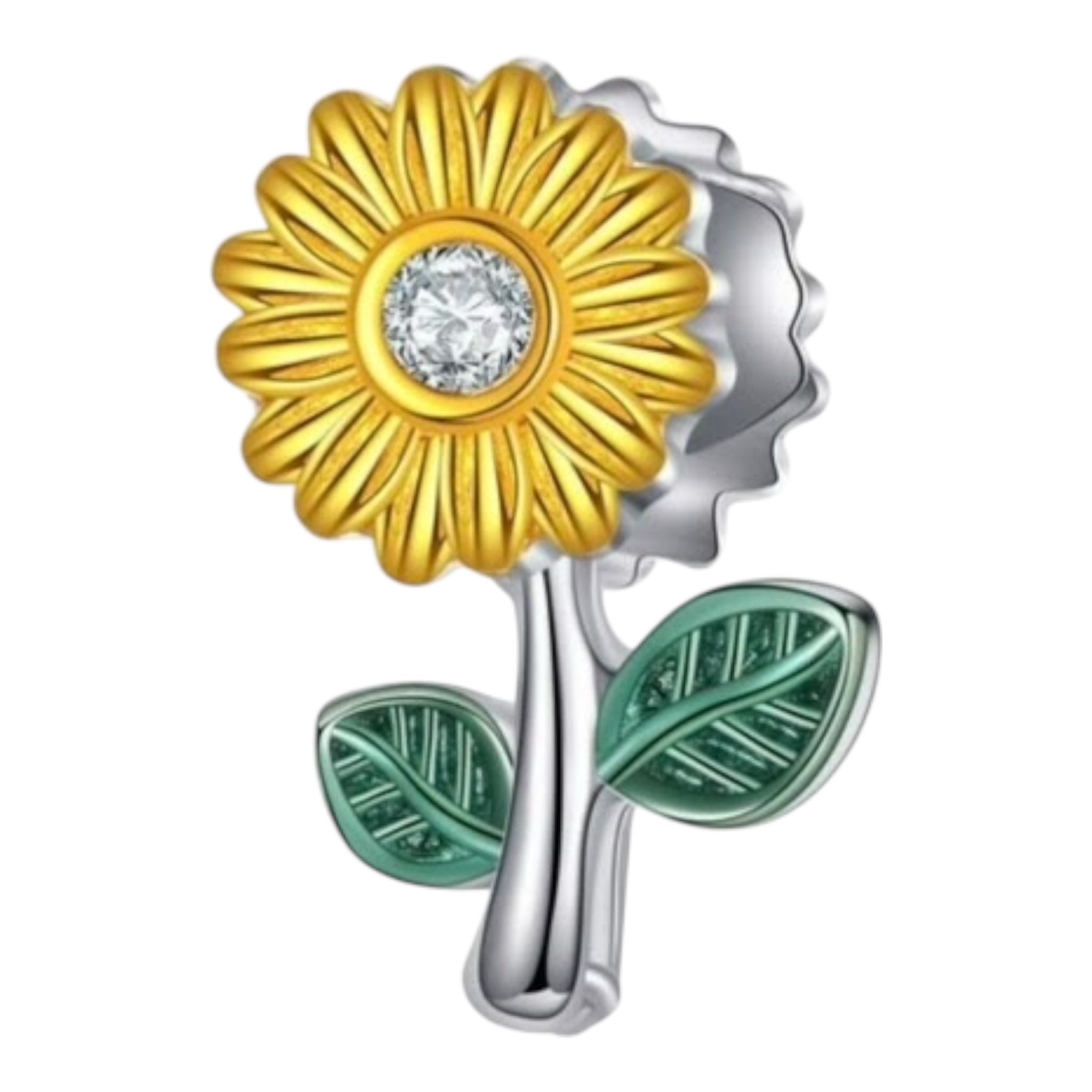 Gold sunflower-shaped charm with a silver stem and green leaves on a white background