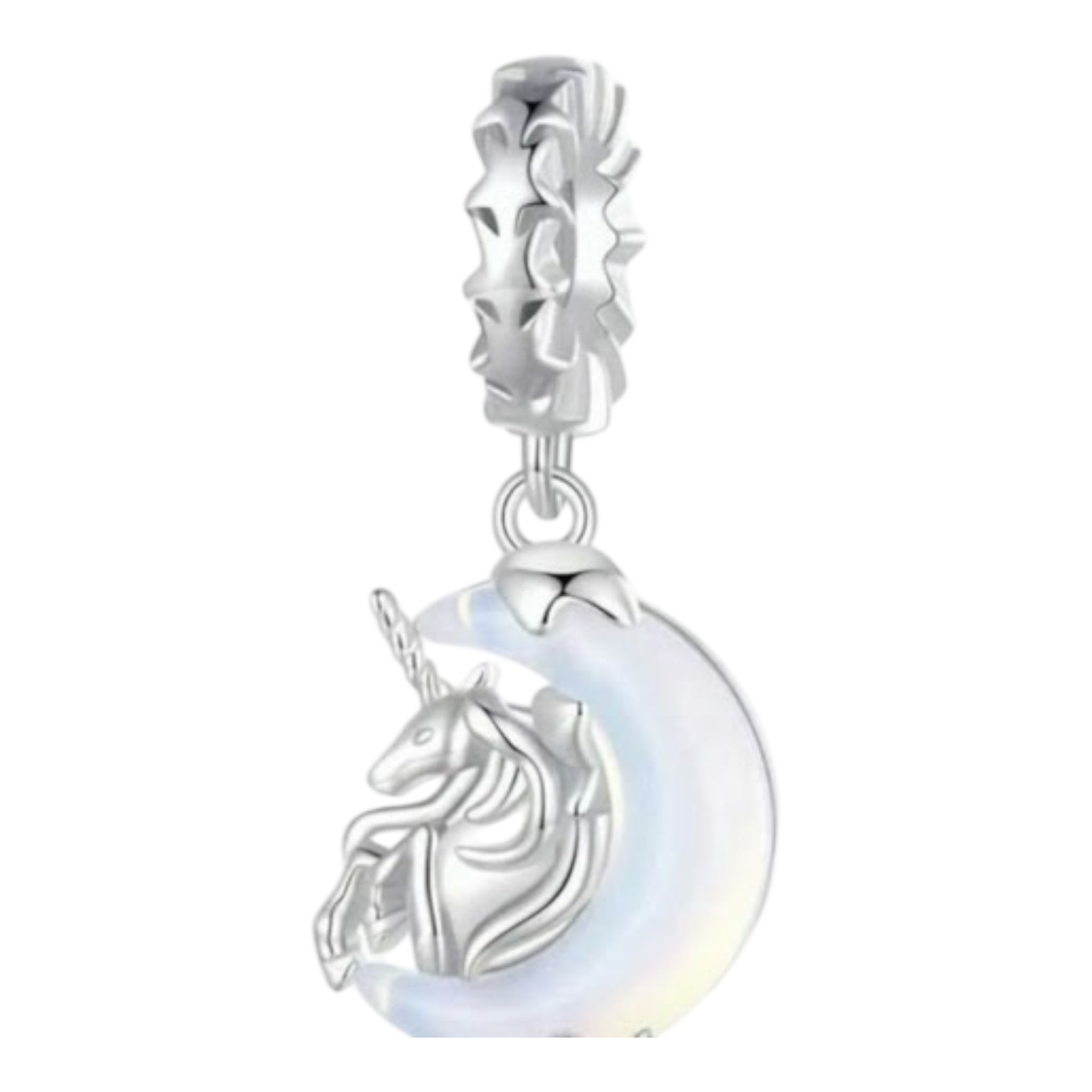Silver pendant with a horse design on a white background