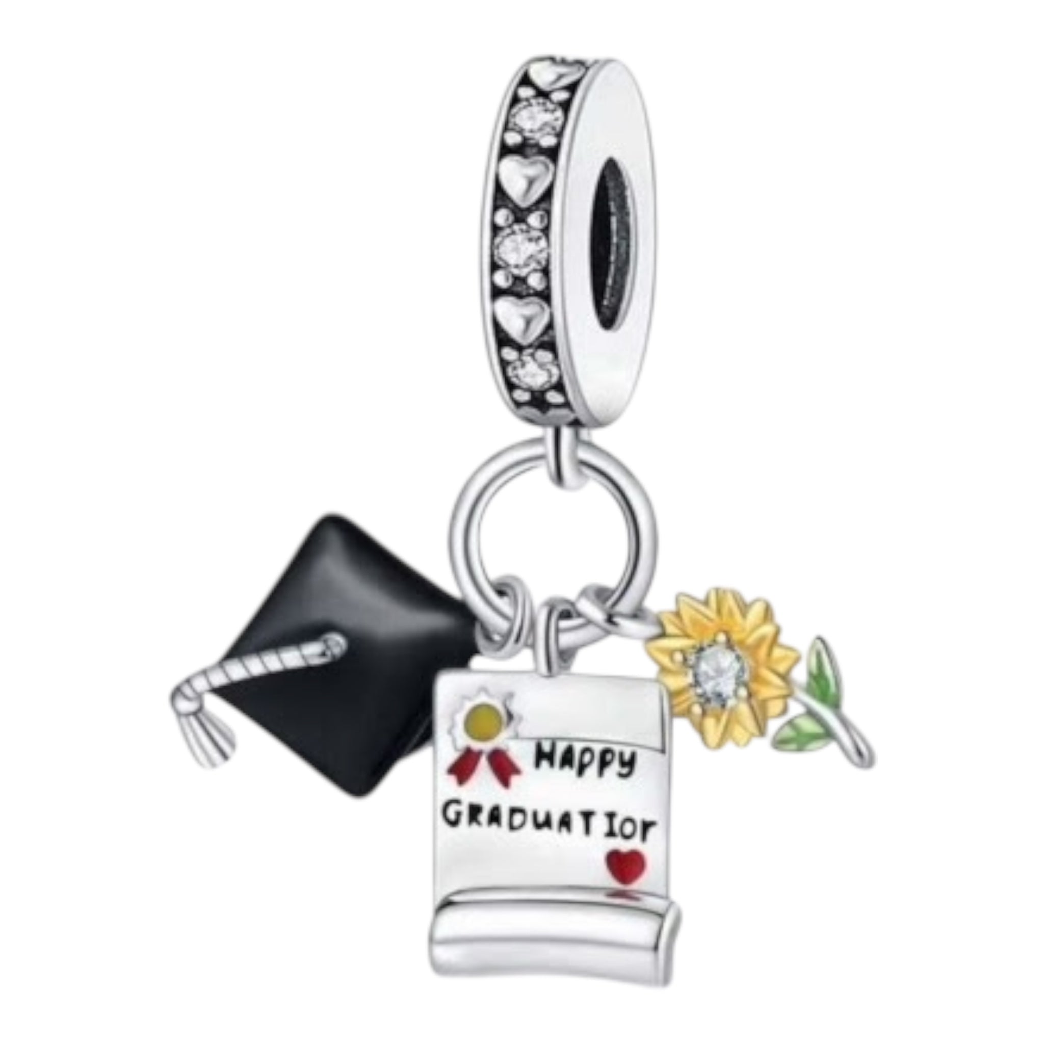 Graduation-themed charm with scroll, megaphone, and sunflower on a white background