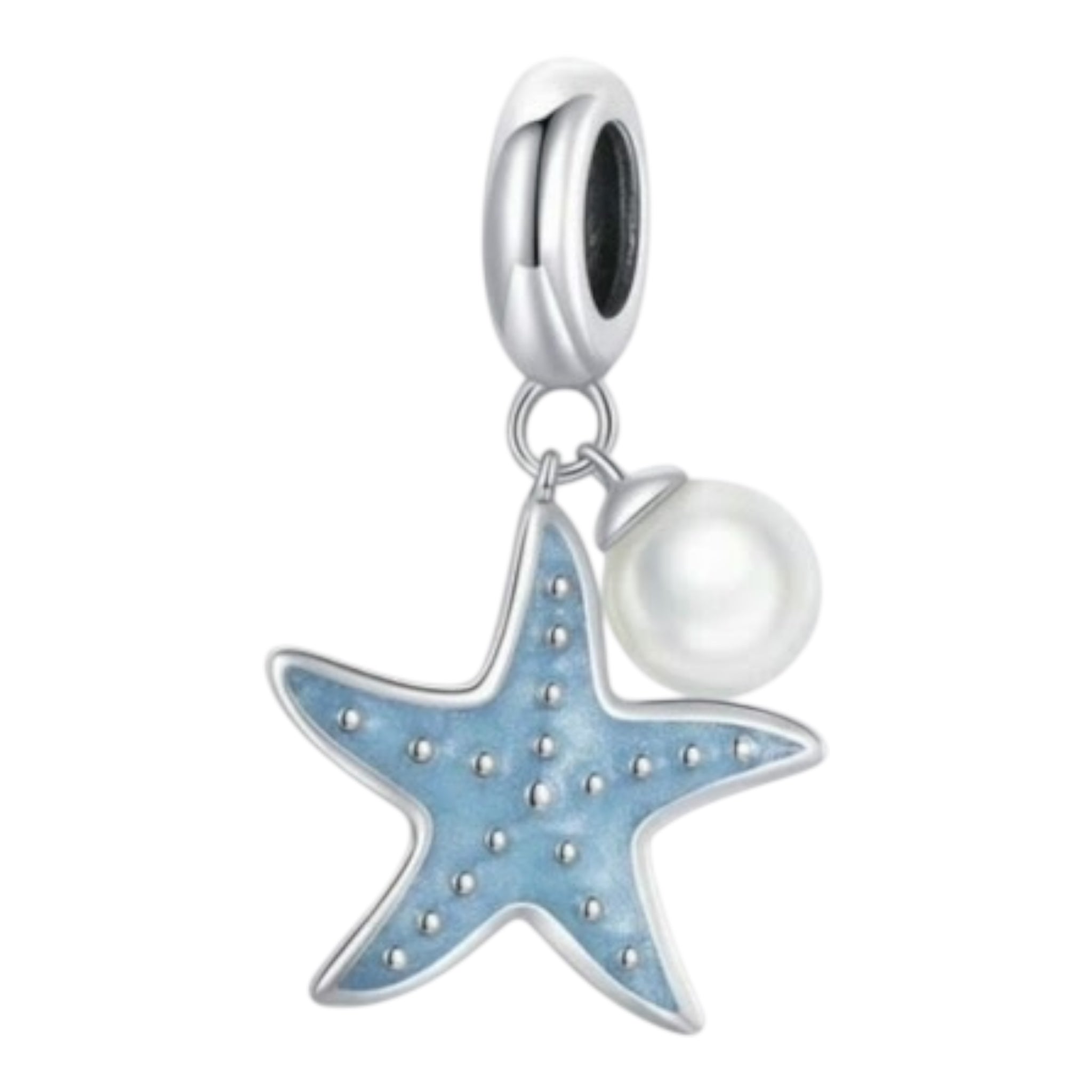 Silver charm with starfish and pearl on a white background