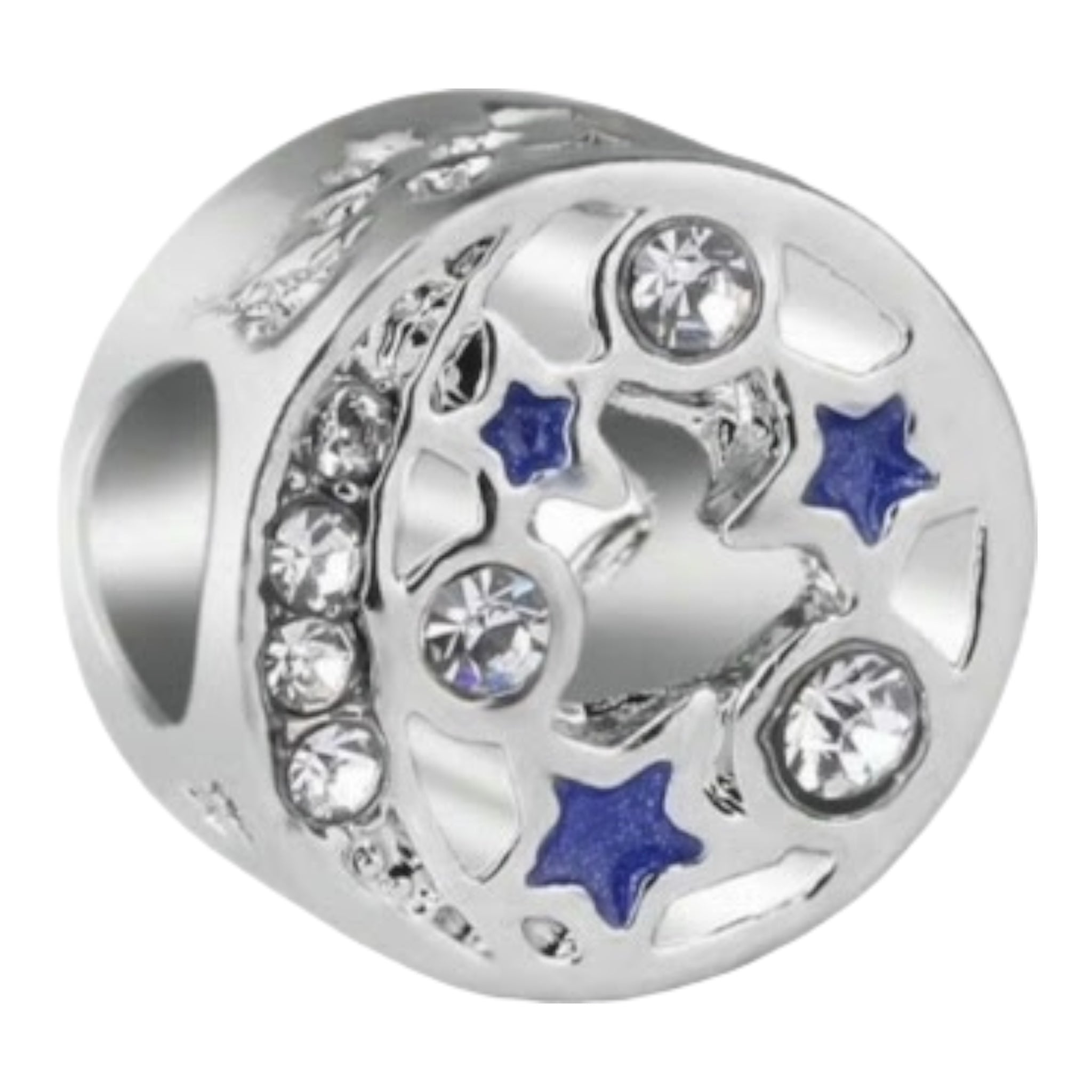 Silver charm with blue stars and clear crystals on a white background