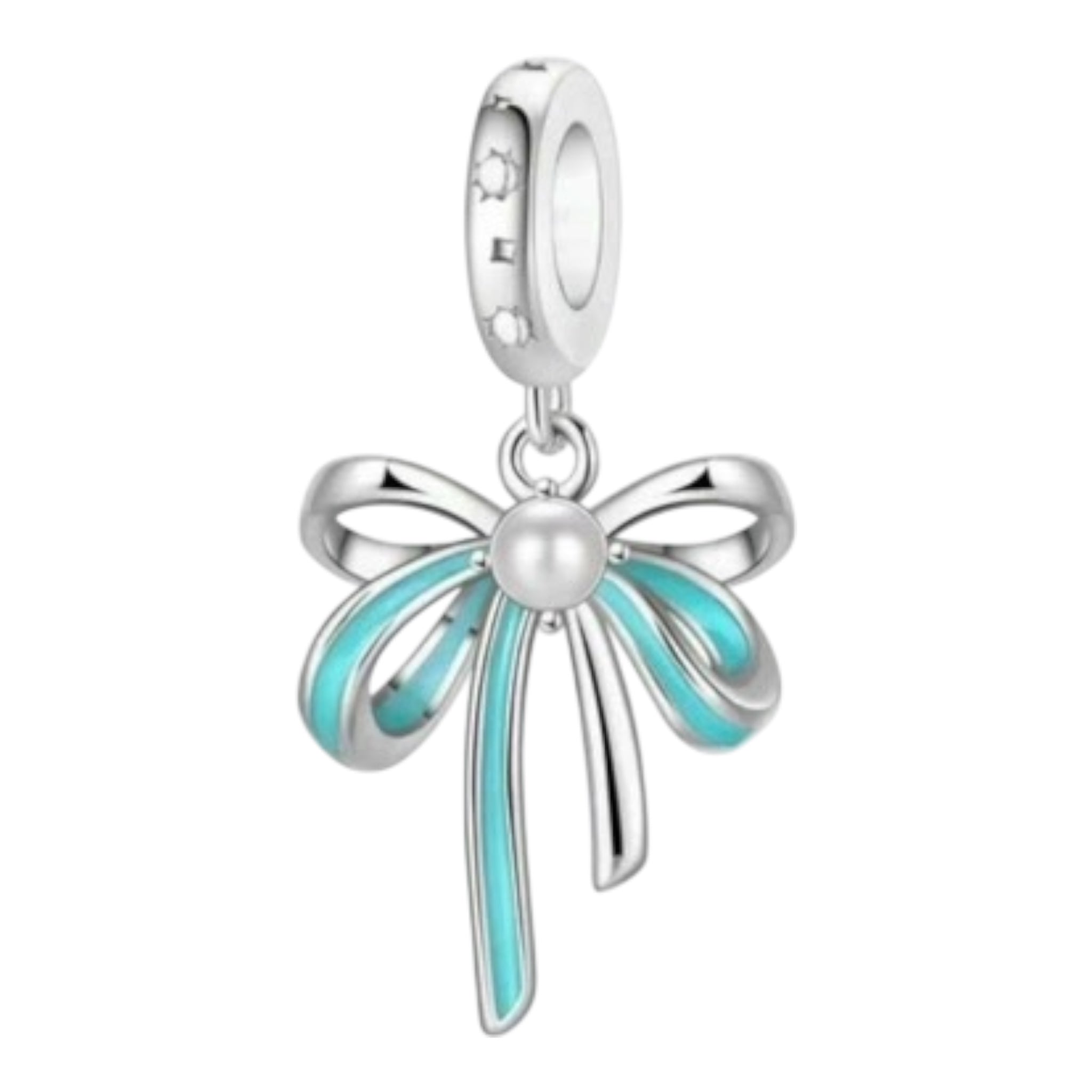 Silver charm with turquoise ribbon and pearl on a white background