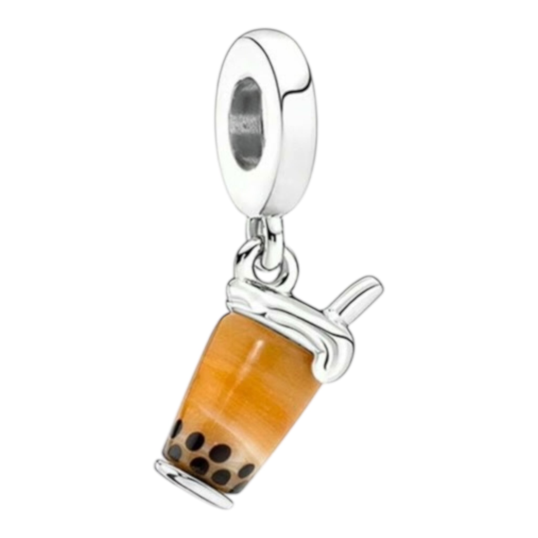 Silver charm shaped like a bubble tea with brown liquid and black tapioca pearls on a white background