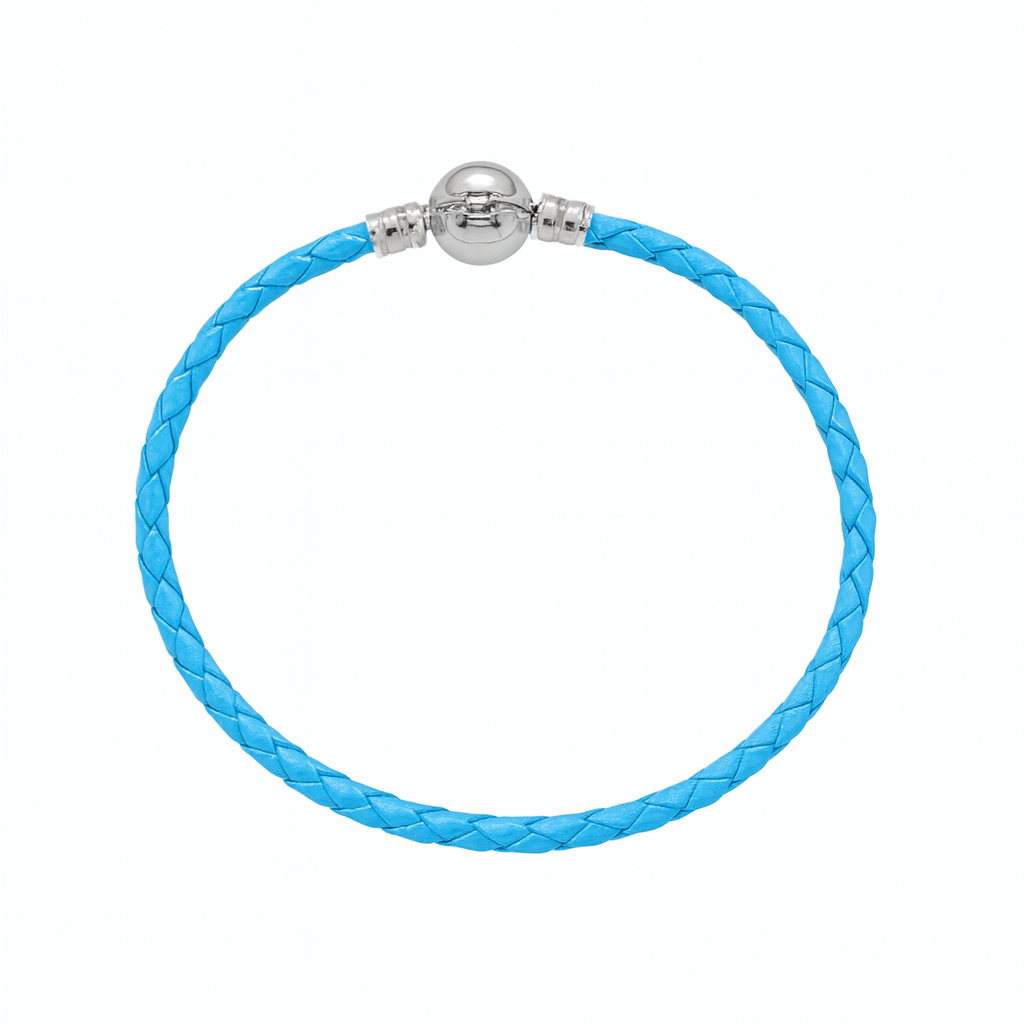 Blue braided bracelet with a silver clasp on a white background