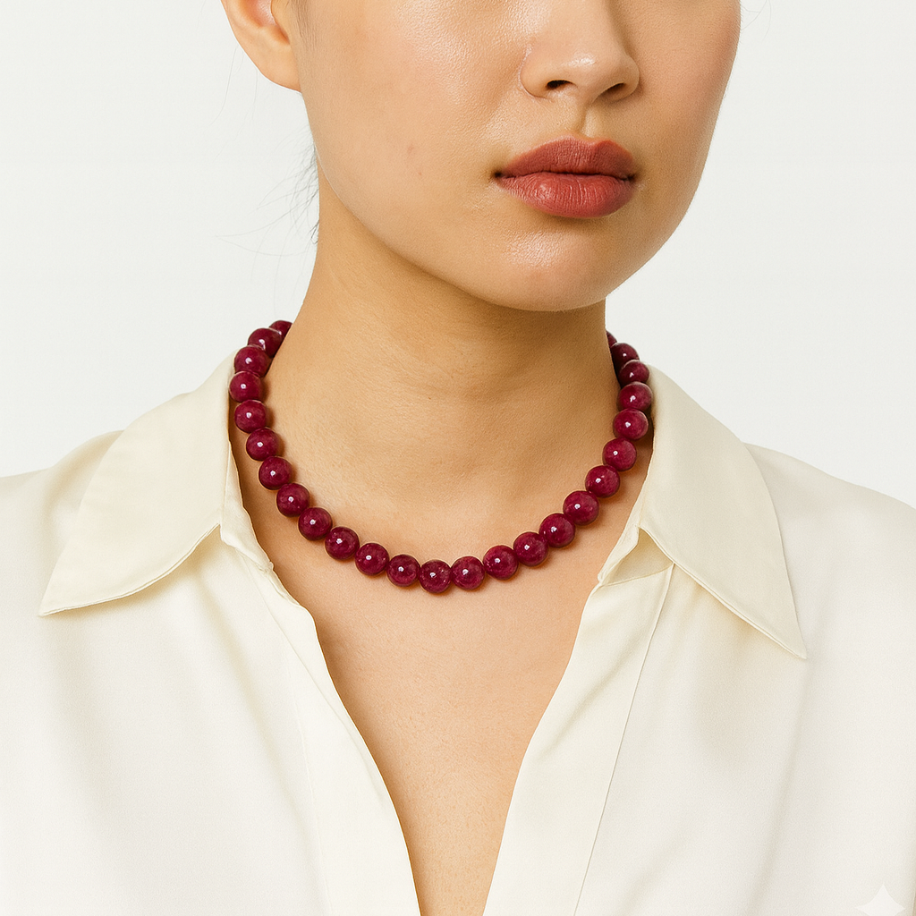 Woman wearing a red beaded necklace against a plain background