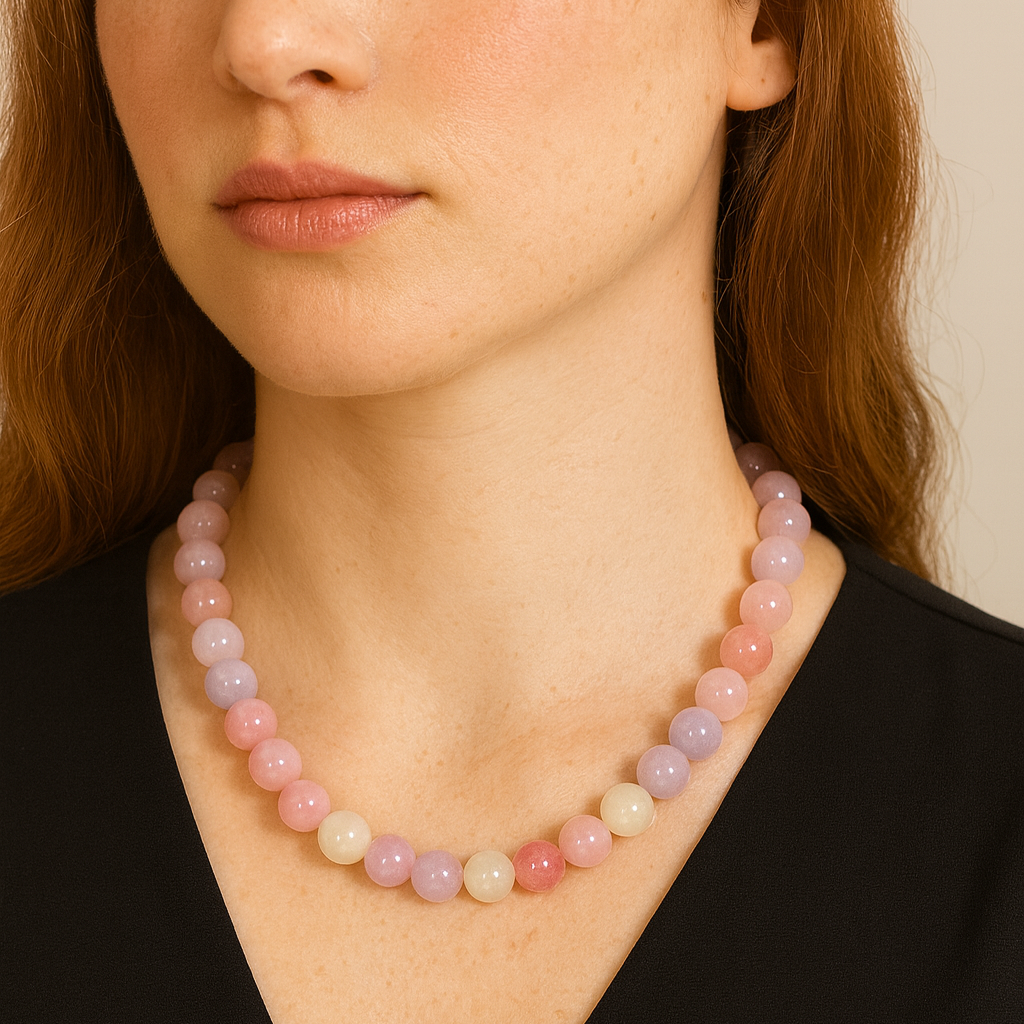 Pastel beaded necklace worn by a person against a neutral background