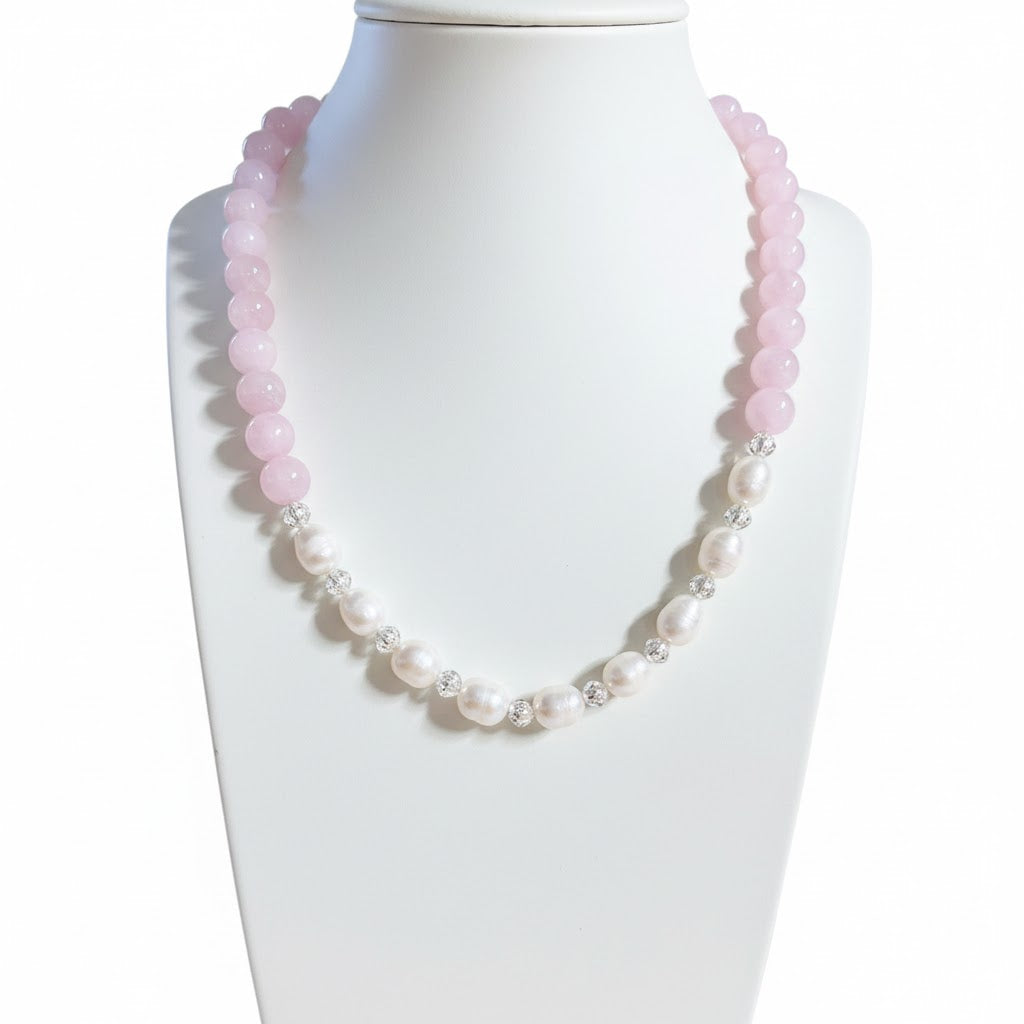 Ethereal Rose Quartz & Freshwater Pearl Beaded Necklace