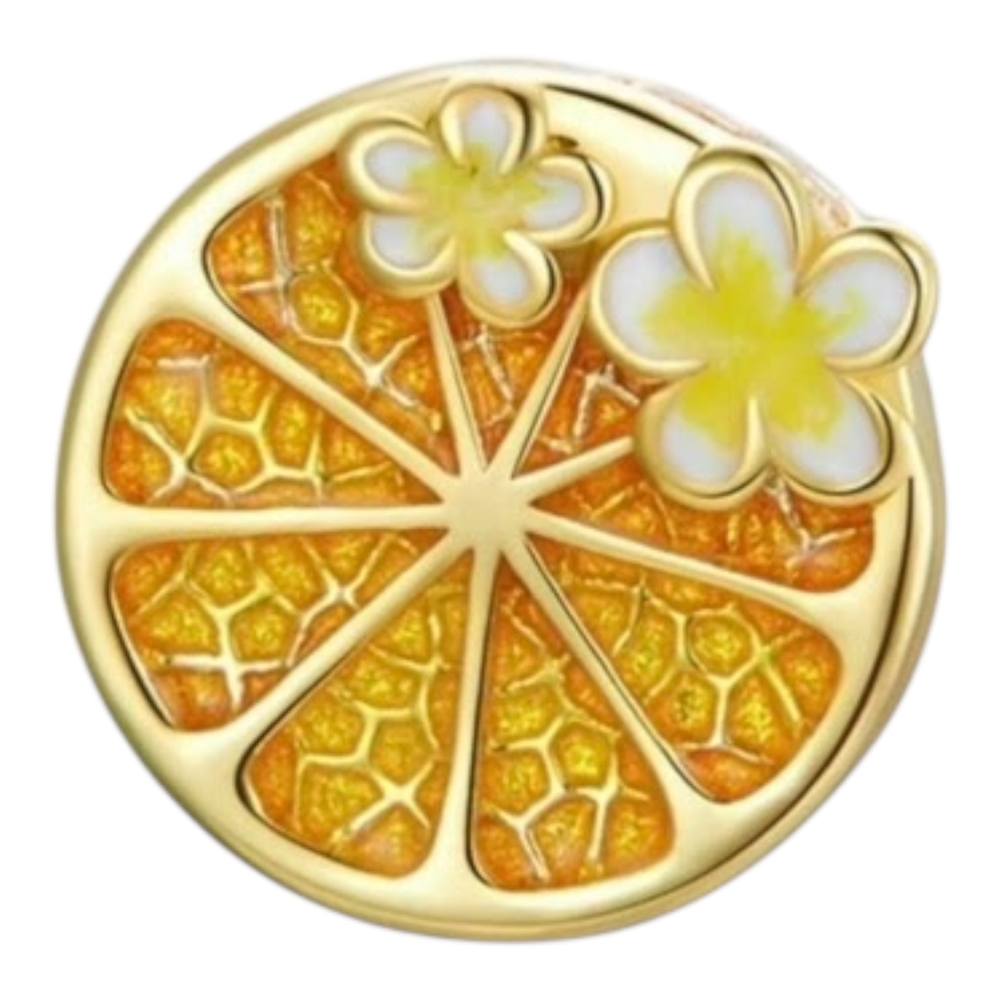 Decorative charm with a lemon slice and flowers on a white background