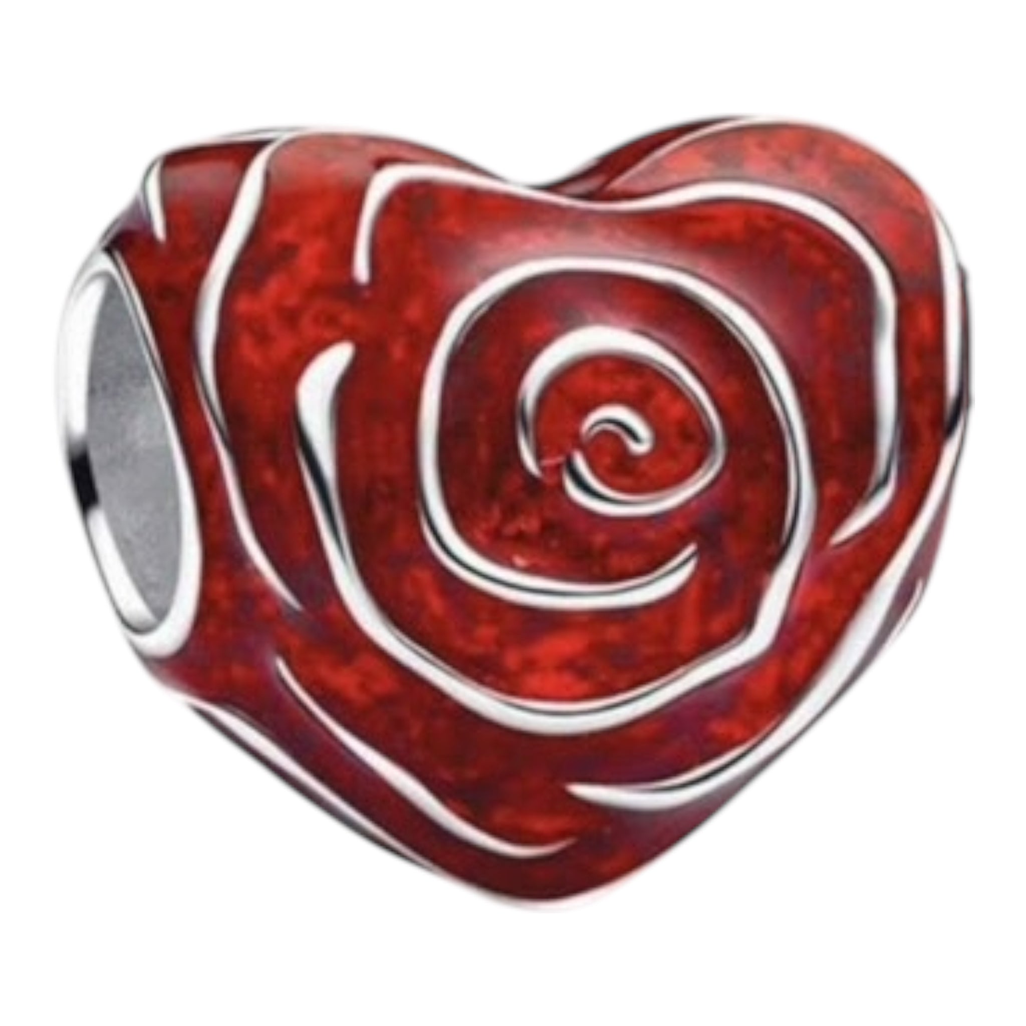 Red rose-shaped charm with silver border on a white background