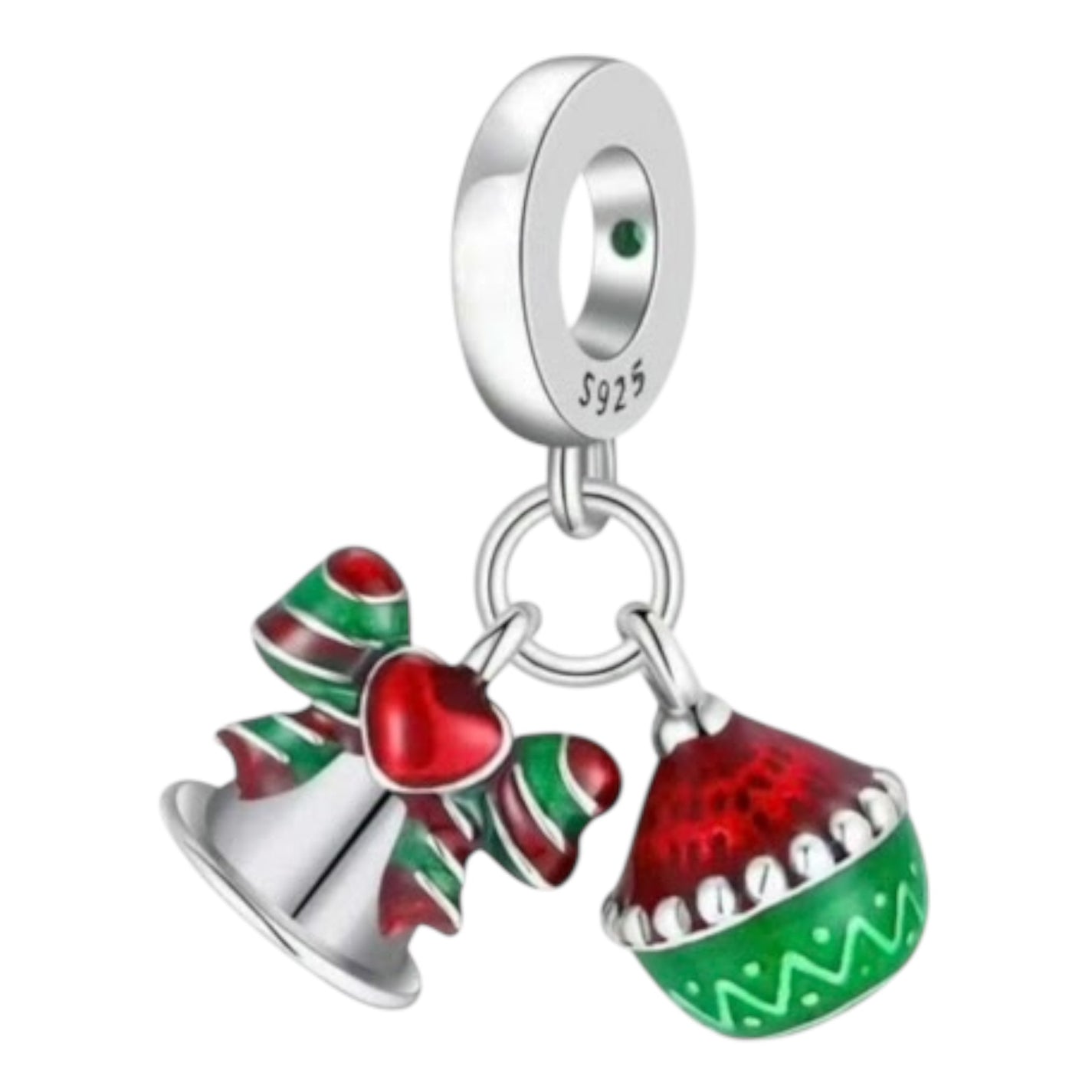 Silver charm with red and green elements on a white background