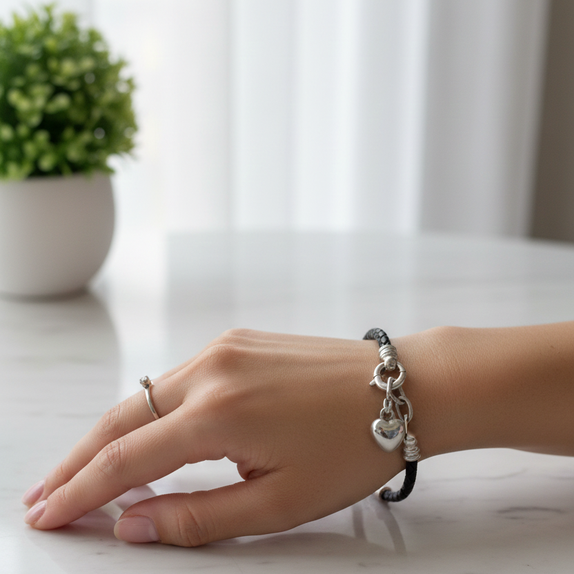 D'Dora Collection - လက်ကောက် - အနက်ရောင် Onyx ချိတ်ဆွဲထားသော နှလုံးပုံ