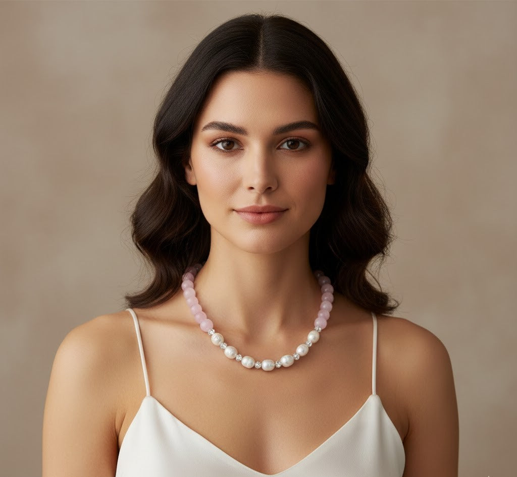 Ethereal Rose Quartz & Freshwater Pearl Beaded Necklace